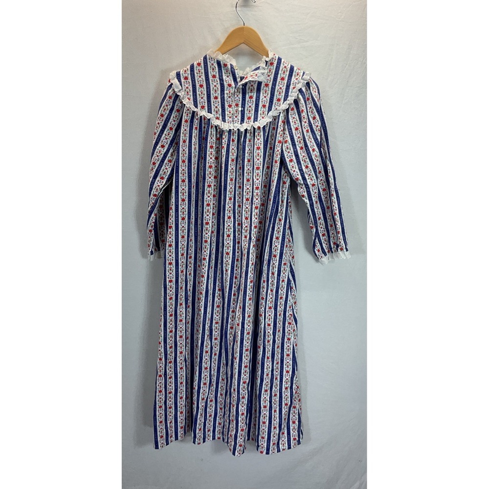LANZ OF SALZBURG M Heart PRINT Long FLANNEL Nightgown High Neck Blue Stripe USA
